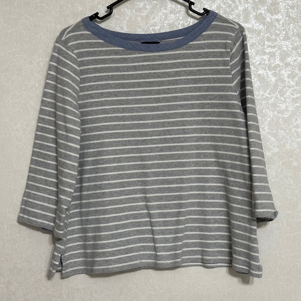 Nautica Gray & White Striped Top Boat Neck 3/4 Sleeve Split Cuff‎ 100% Cotton XL